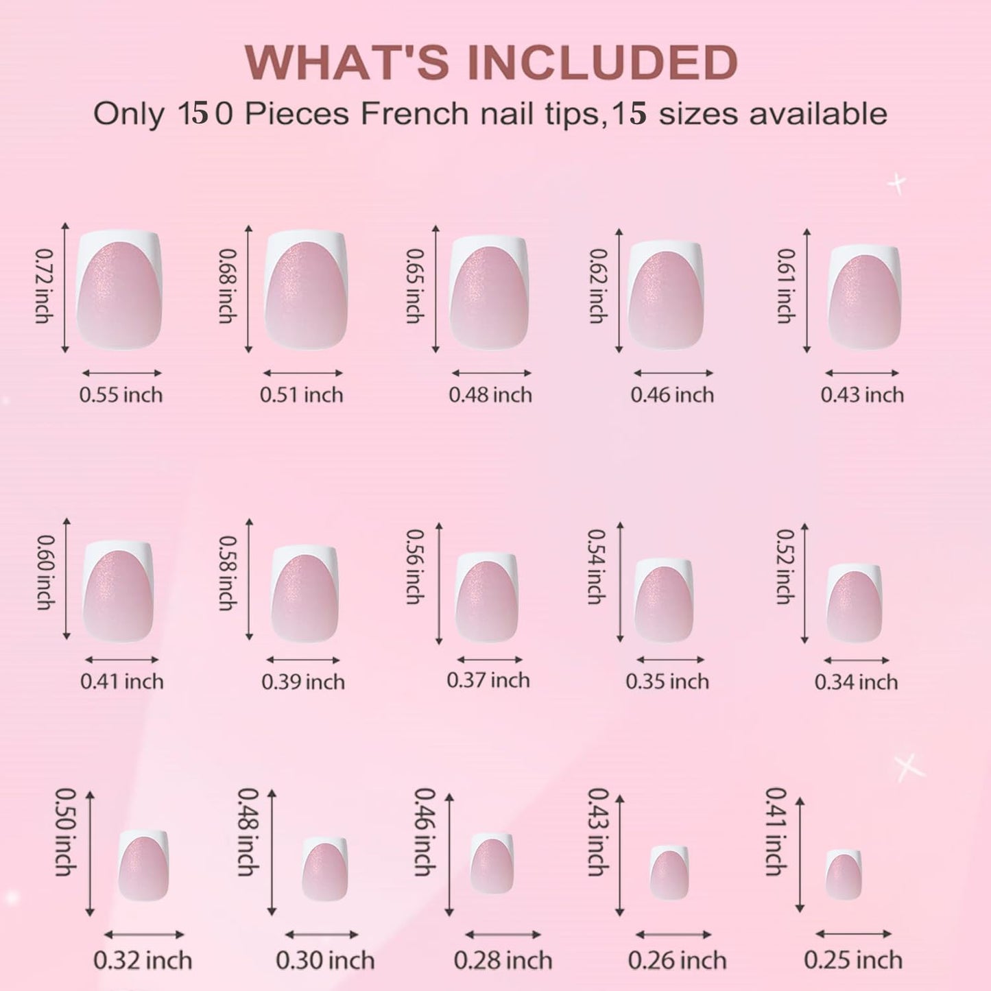 Dsixnails French Tip Press On Nails, 150Pcs Pink Short Square Gel Press on Nails, Glitter Base Pre-Lasting Acrylic Fake Nails, Soak Off Acrylic Full Cover Nails Extension for Women Girl 15Sizes
