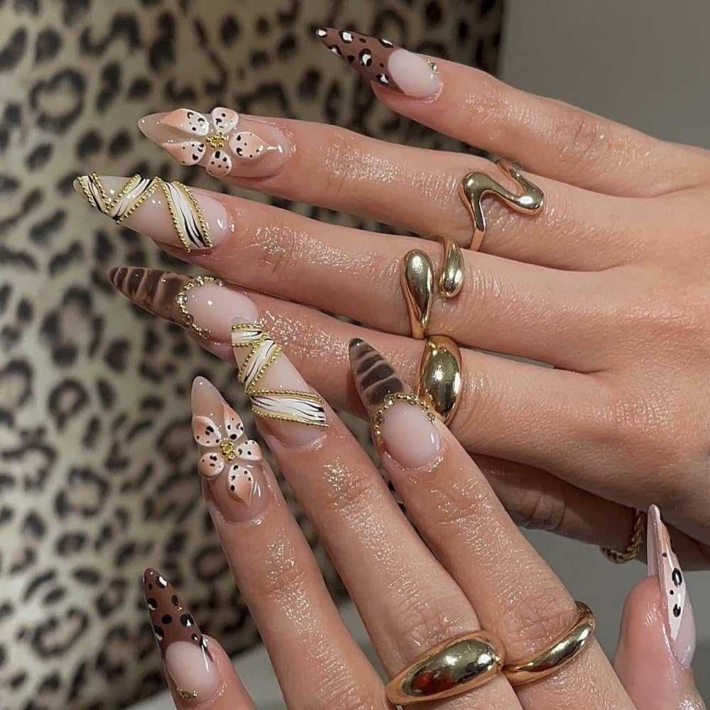 Leopard Prints French Tips Press on Nails Medium Almond Nails Press on with 5D Flower Charm Design Glossy Brown Glue on Nail Rhinestone Lines Fake Nails Fall Winter Nail for Women Manicure 24Pcs