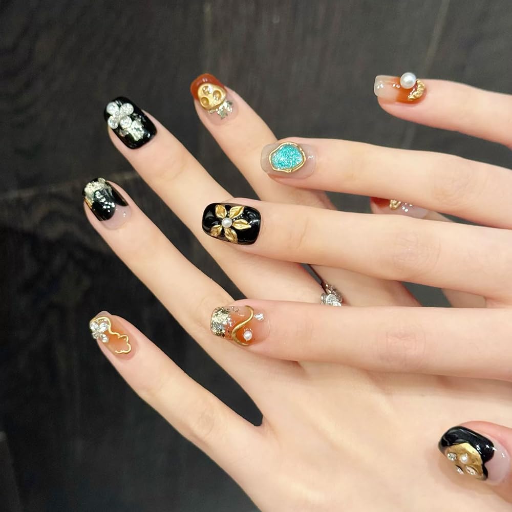 Handmade Press on Nails Square Short Fake Nails with 3D Flower Charm Designs Black Glossy Cute Acrylic Nails for Women 10pcs (Size M）