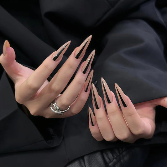 IMRAIN Press on Nails Long Stiletto Fake Nails Nude Glossy Glue on Nails Full Cover Goth Nail Supplies DIY Acrylic False Nails for Women Girls 24Pcs