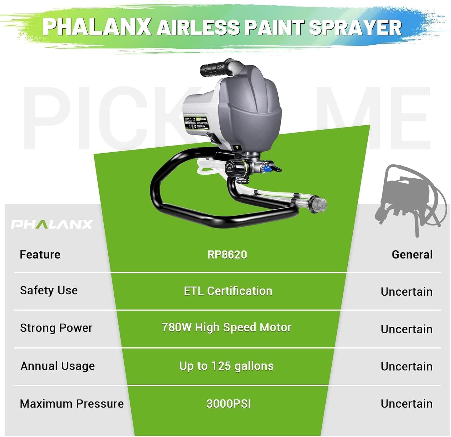 PHALANX Airless Paint Sprayer, 7/8HP 780W High Efficiency Airless Stand Sprayer, 3000PSI Electric Paint Sprayer with Cleaning Kits for Painting Home Interior Exterior Walls, Ceiling, Fence, Cabinet