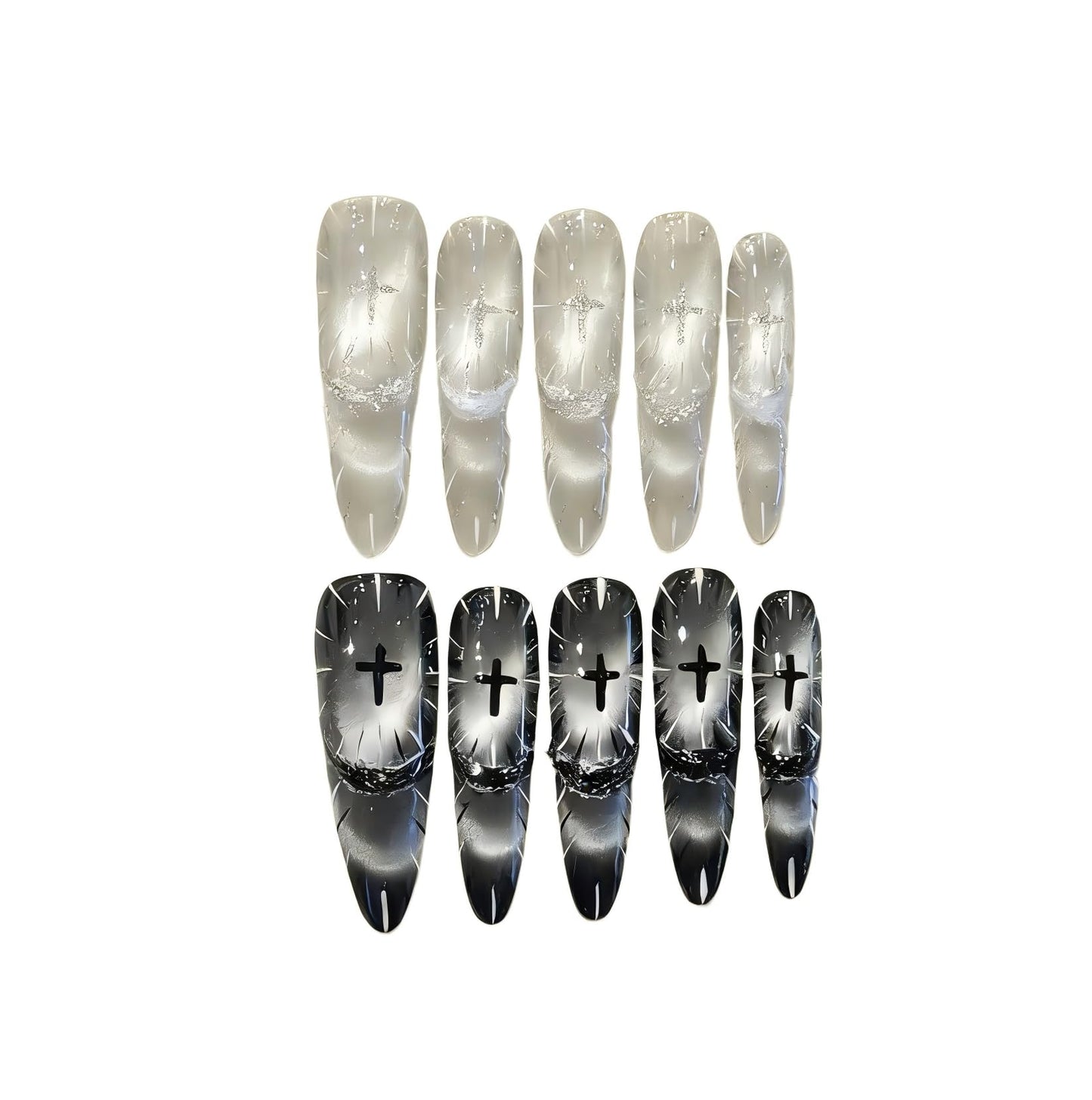 Gothic Fake Nails Set | Stiletto Almond Fake Nails with Silver Crackle & Black Gradient | Long Press on Nails for Women | Dark Aesthetic Nail Art (S)