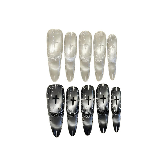 Gothic Fake Nails Set | Stiletto Almond Fake Nails with Silver Crackle & Black Gradient | Long Press on Nails for Women | Dark Aesthetic Nail Art(M)