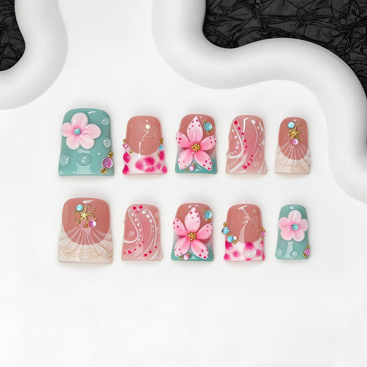 10 Pcs Handmade Press on Nails Duckbill Shape 3D Luxury Flower Acrylic Nails Summer Handmade Starfish Water Droplet Designs Short Fake Nails Thickened False Nail for Women (S)