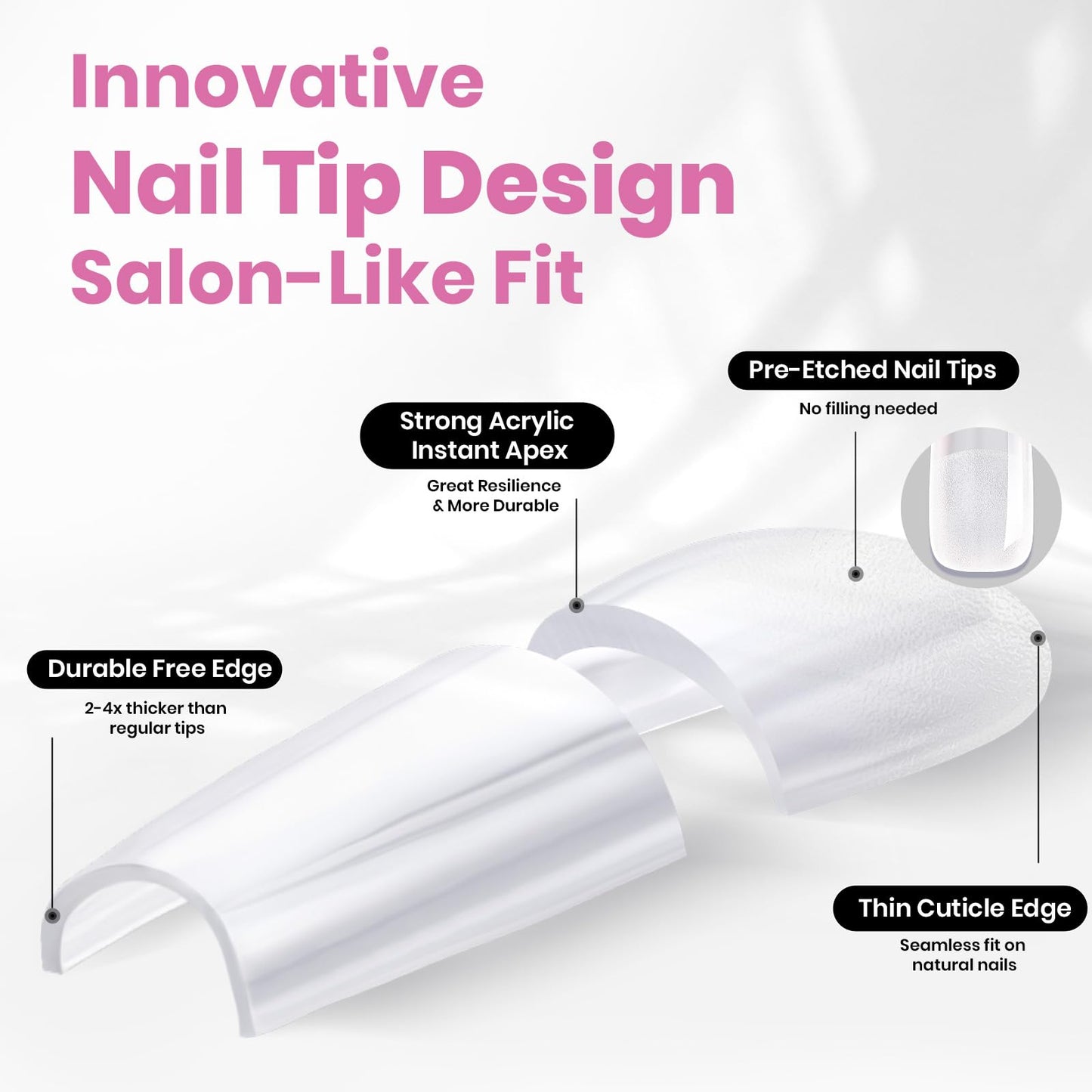 Beetles Tipex Lite Apex Nail Tips, Square Long, 512pcs 16 Sizes,Pre-Building Pre-Etched Acrylic Nail Tips for Flat Nails & Natural Nail Beds