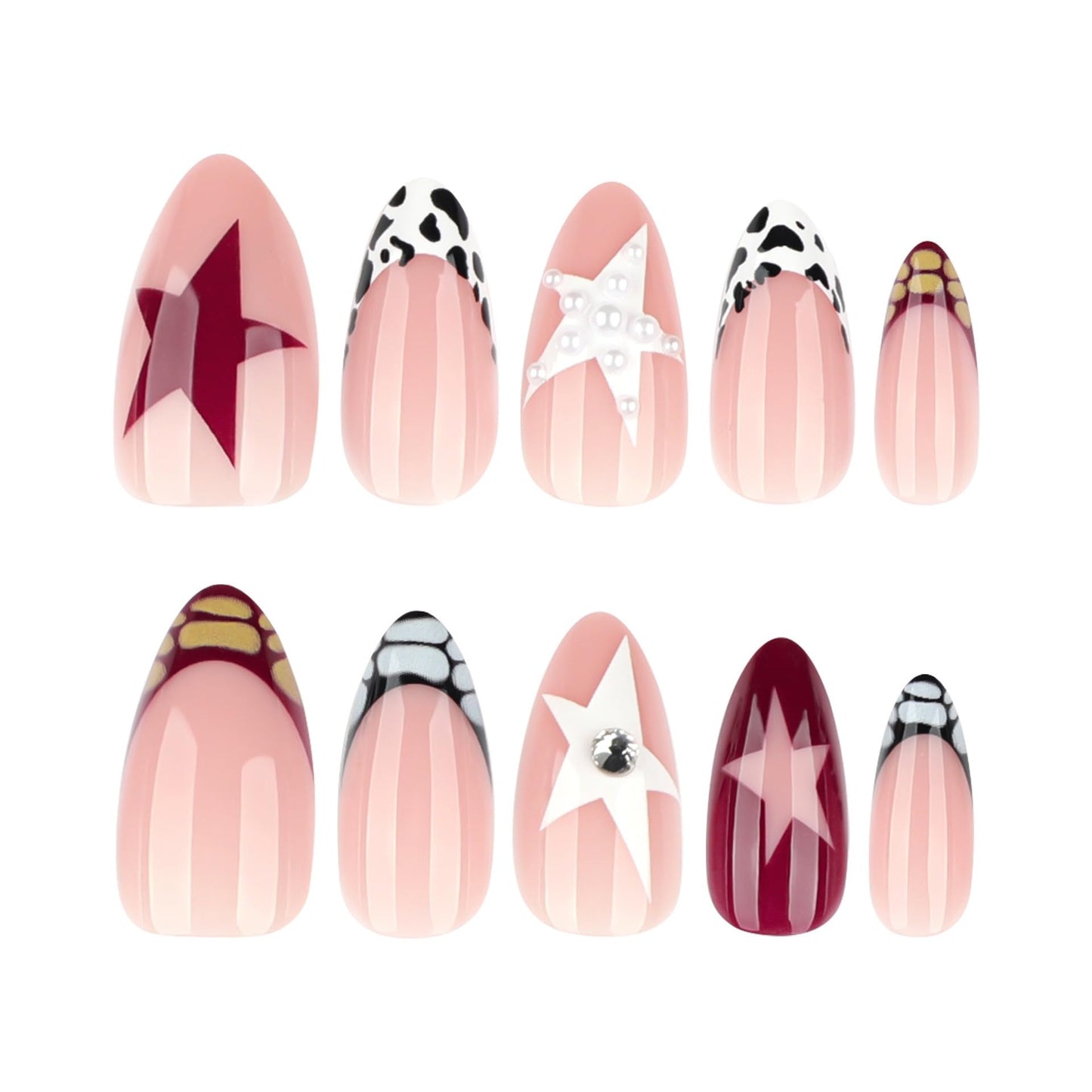 Almond Press on Nails Medium - French Tip Fake Nails with Leopard Print Design - Red, White Star False Nails Press ons -for Women 24 Pcs