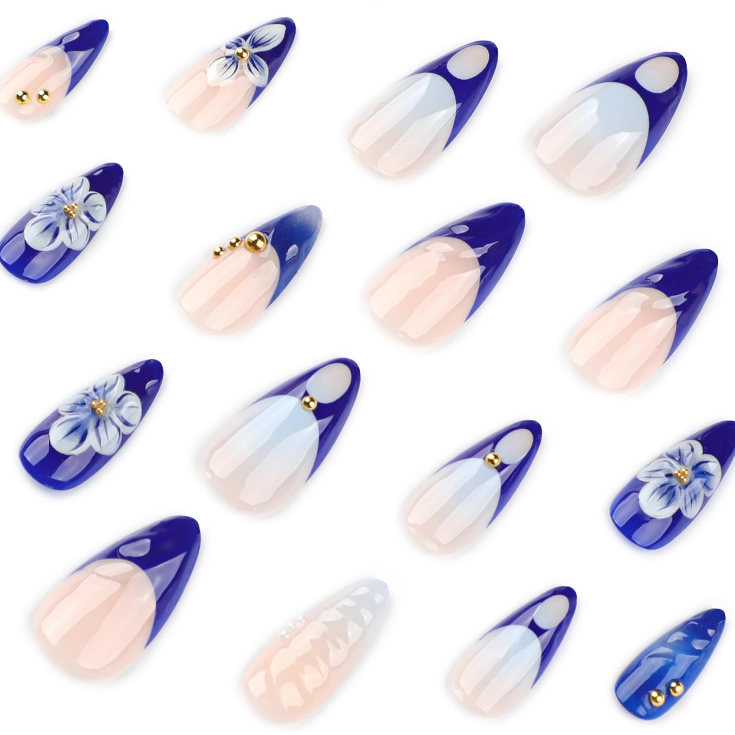Blue French Tip Press on Nails Medium Almond Fake Nails 3D Gold Carved Ripple Flower Design French Nails Press on Full Cover Nude Stick on Nail Cute False Nail Floral Almond Shaped for Women