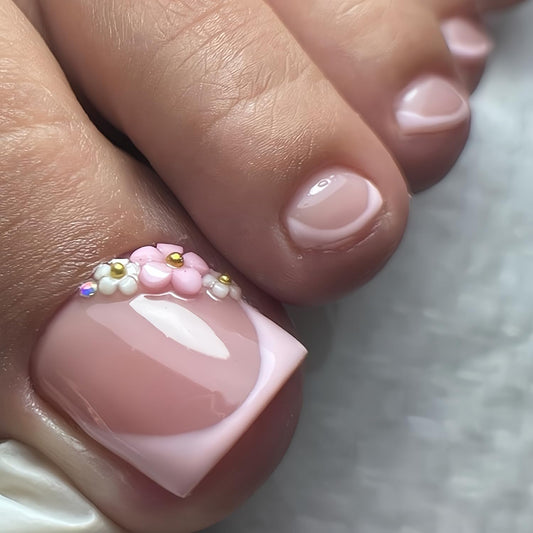 Pink French Tip Press on Toenails Summer False Toenails Cute 3D Flower Toe Nails Reusable Full Cover Toe Nails for Women