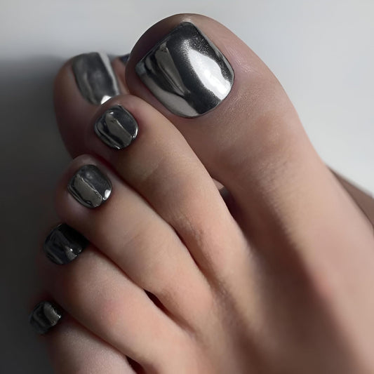 Silver Press on Toenails Square Fake Toe Nails Chrome Toenail Press ons Metal False Toenails Glossy Full Cover Acrylic Glue on Toe Nails Reusable Stick on Toenail for Women Decorations 24Pcs