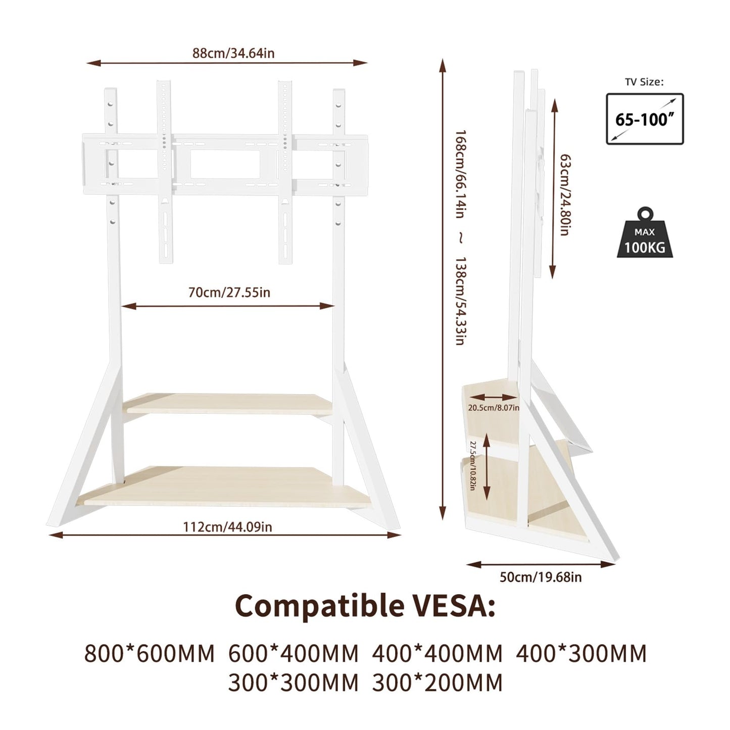 unho White TV Floor Stand with Wheels Shelves for 65 to 100 inch Large LCD/LED Flat Curved Screen up to 220lbs, Adjustable Heights TV Mount Stands VESA 800x600mm, Rolling TV Stand for Bedroom Office