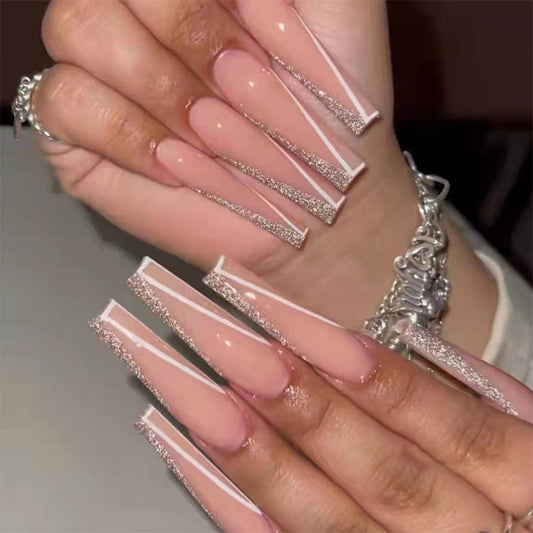 MISUD Press on Nails - Long Coffin Fake Nails with Pink, Acrylic Bling Glitter Design 24 pcs