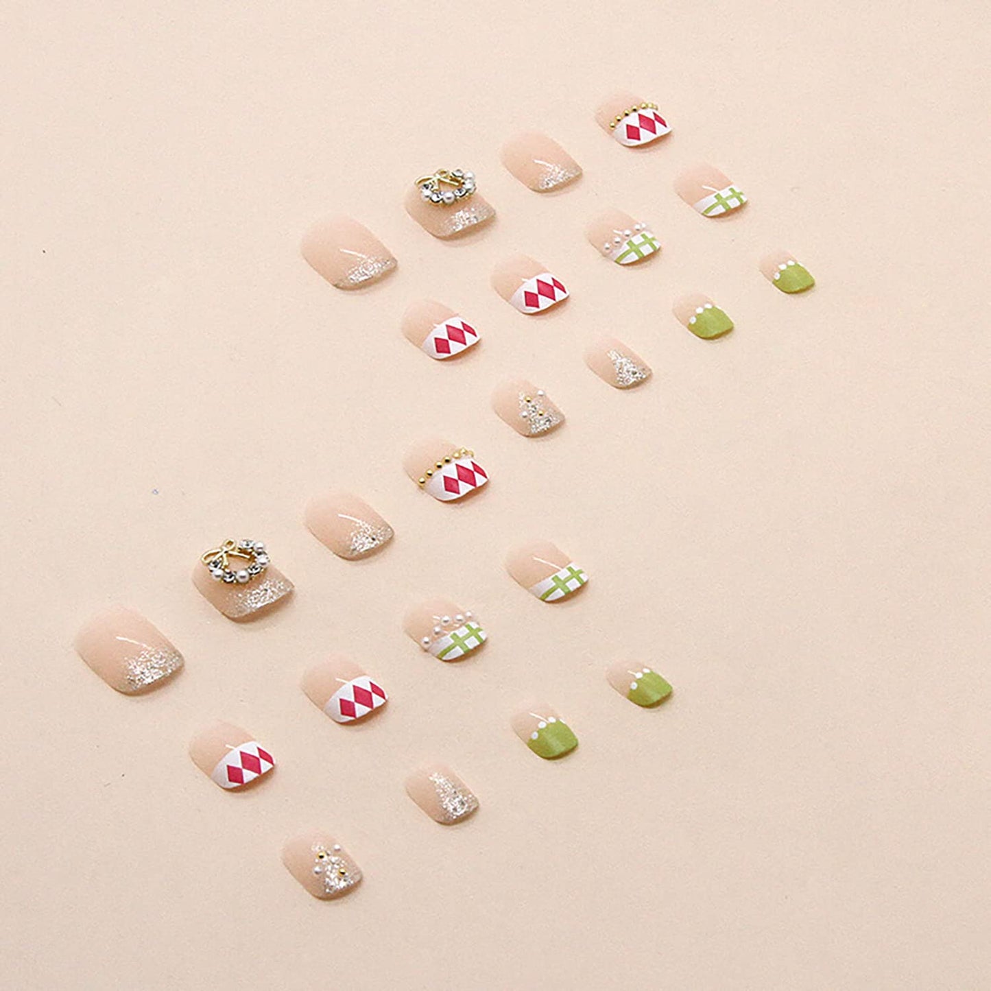 24Pcs Full Cover Reusable False Nails Kits, Press on Nail Short Square Length, Glue On Nails with Wreath Pearl Designs, Artificial Fingernails Acrylic Fake Nails for Women, Stick on Nails Coffin Shape