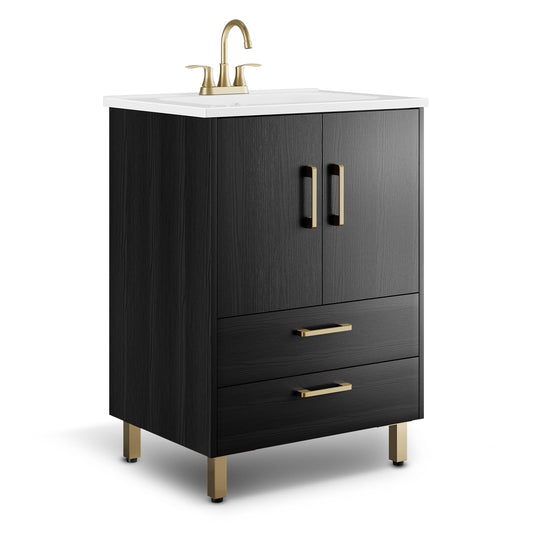 phiestina Fully Pre-Assembled Black 24 inch Bathroom Vanity with Sink, 2 Soft Close Doors and 2 Drawers Bathroom Storage Cabinet Set, with 3 Holes Single Ceramic Sink Combo, Faucet Not Included
