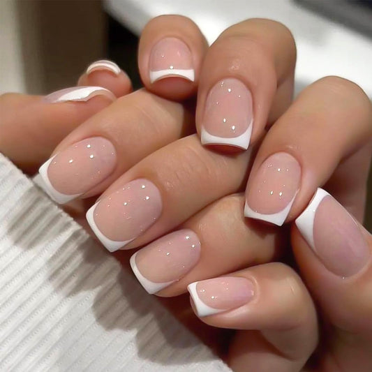 White French Tip Press On Nails Short Square Fake Nails Press ons Nude Glossy False Nails Reusable Acrylic Stick On Nails for Women Daily Home Office, 24 Manicure Kit with Adhesive Tabs