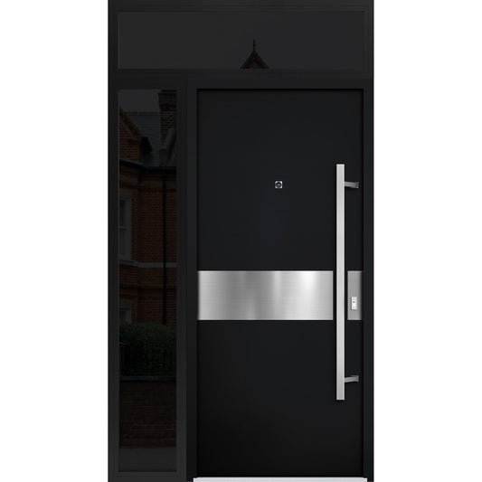 VDOMDOORS Front Exterior Prehung Steel Door/Deux 6072 Black Enamel/Side and Top Exterior Window Sidelite/Entry Metal Modern Painted W36+14" x H80+16" Left Hand Inswing