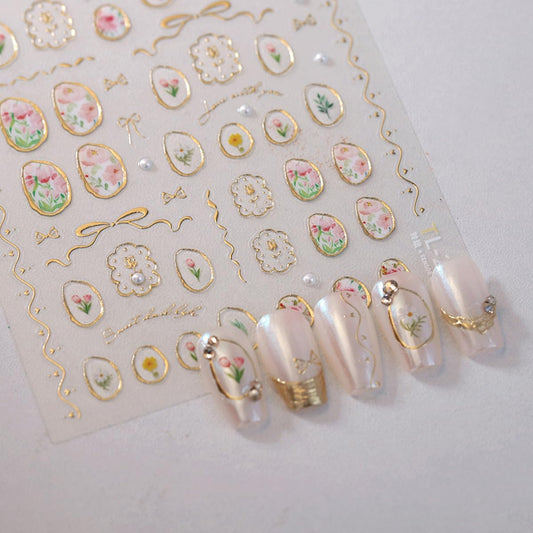 5D Embossed Flower Nail Art Stickers Cute Tulip Irregular Frame Gold Bow Hollow Designs Self Adhesive Nail Decals Bronzing Nail Sticker with Pearl Charms for Women DIY Nails Art Accessories