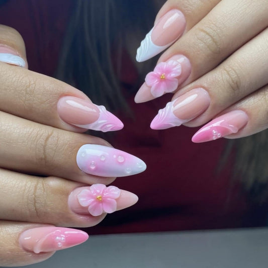 Pink Press on Nails Medium Almond Fake Nails with 5D Flower Design Glossy Ombre Pink Glue on Nail Water Ripple French Tips Nails Press ons Reusable Pearl Acrylic Nail for Women Manicure 24Pcs
