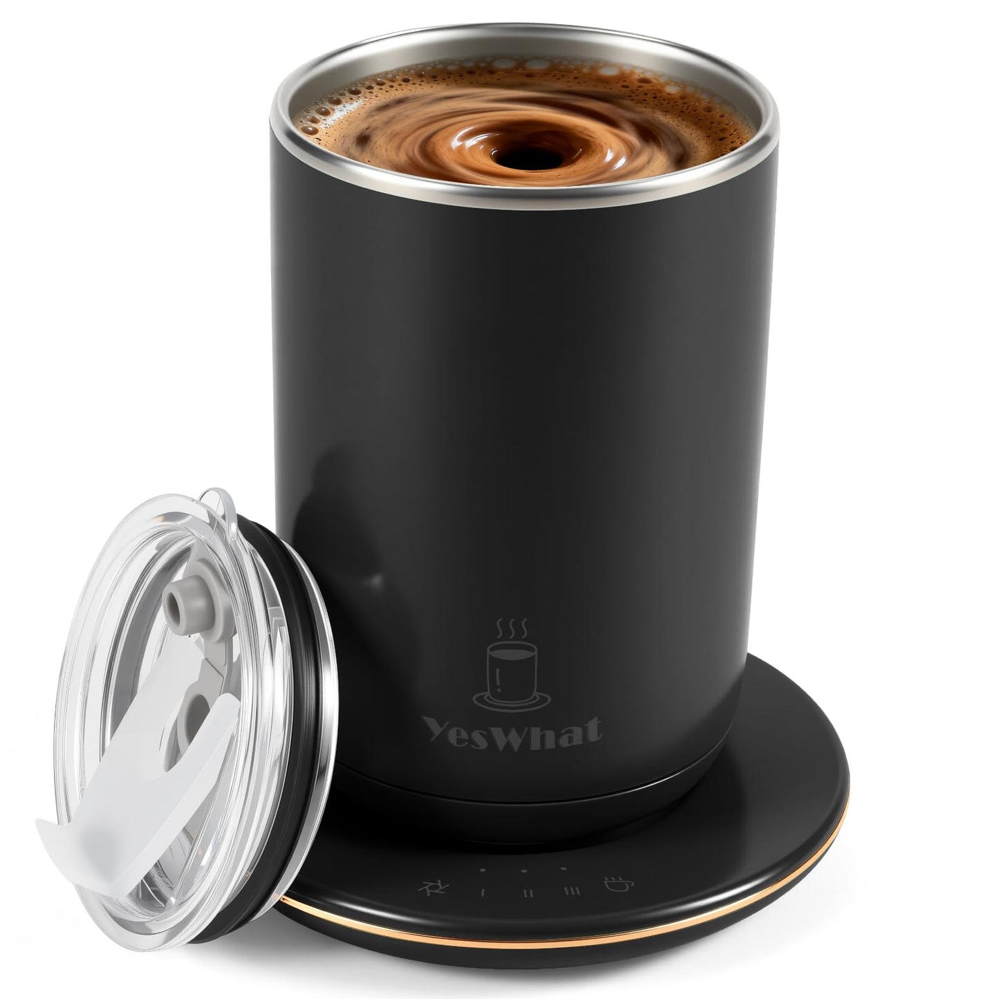 Temperature Control Self Stirring Coffee Mug with Lid, Automatic Heated Coffee Milk Cocoa Cup, Black 11 oz Smart Stainless Steel Mug Warmer with USB Type-C
