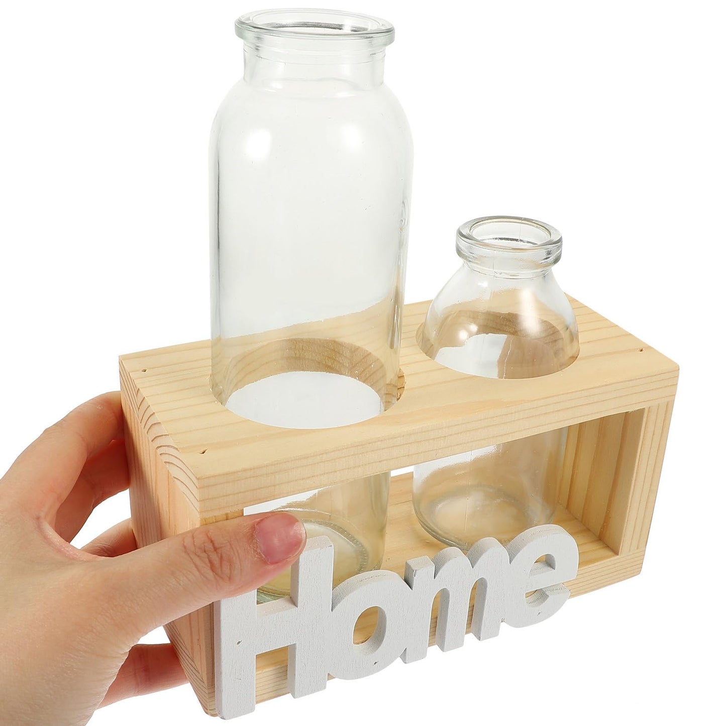 Hemobllo Glass Planter Bulb Vase with Wooden Rack, Nordic Style Hydroponic Flower Terrarium for Desktop Home Decor, Air Plant Holder Set of 2