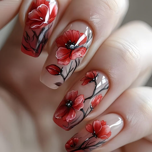 CJDLTS Red Flower Press on Nails Medium Ballet Shaped Full Cover Glossy Floral Stick on Nail Artificial Acrylic Blossom Fake Nail Reusable Medium Glue on Nails for Women Manicure Art 24Pcs
