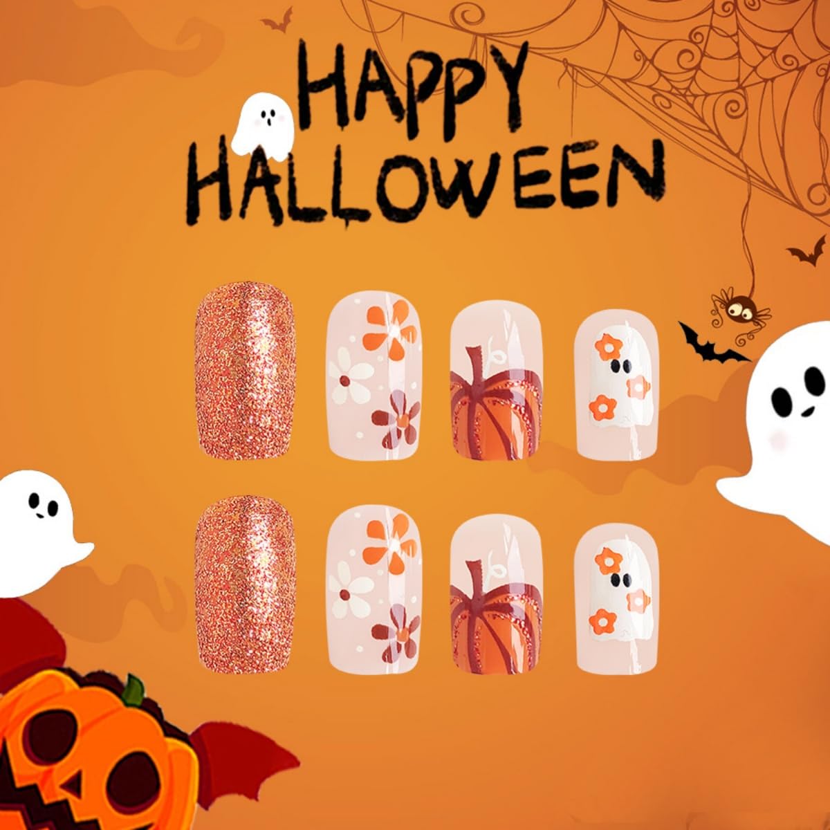 24Pcs Halloween Press on Nails Short Square Fake Nails Cute Ghost Nails Press Ons Pumpkin Orange Glitter Design Stick on Nails Artificial Full Cover Acrylic Glue on Nail for Women Girl Manicure