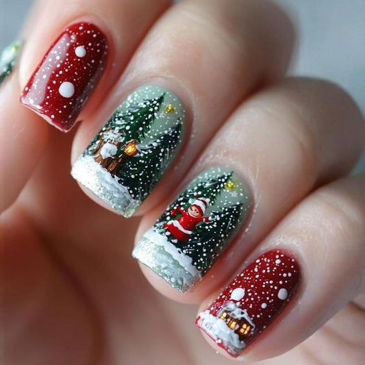 24Pcs Christmas Red Press on Nails Winter Snow House Fake Nails with Christmas Tree Designs Short Square False Nail for Women Acrylic Glue on Nail Xmas Short Reusable Nails