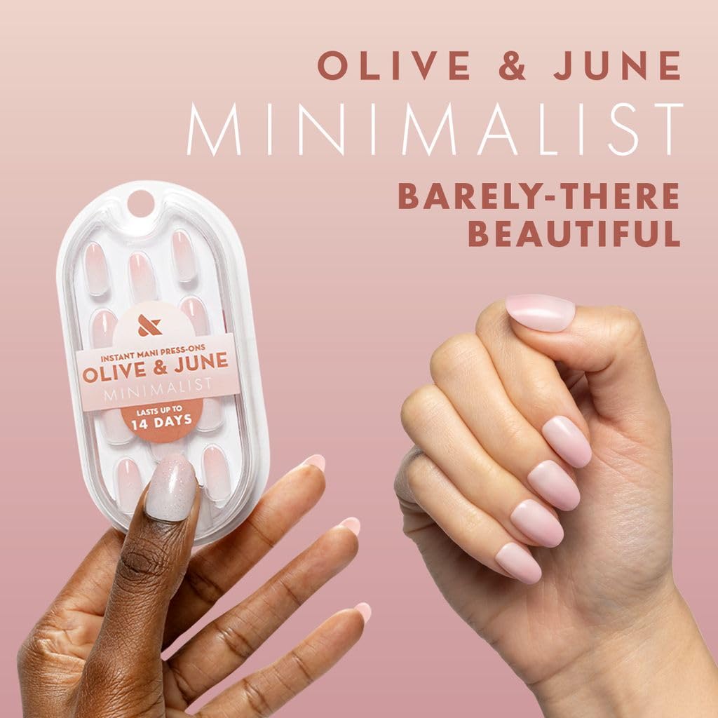 Olive & June Minimalist Instant Mani Press On Nails (Glue) | 42 Fake Nails, 21 Sizes | Non-Toxic, Long-Lasting Barely-There Look | Salon-Quality at Home | Short, Round | Rose Syrup Gradient