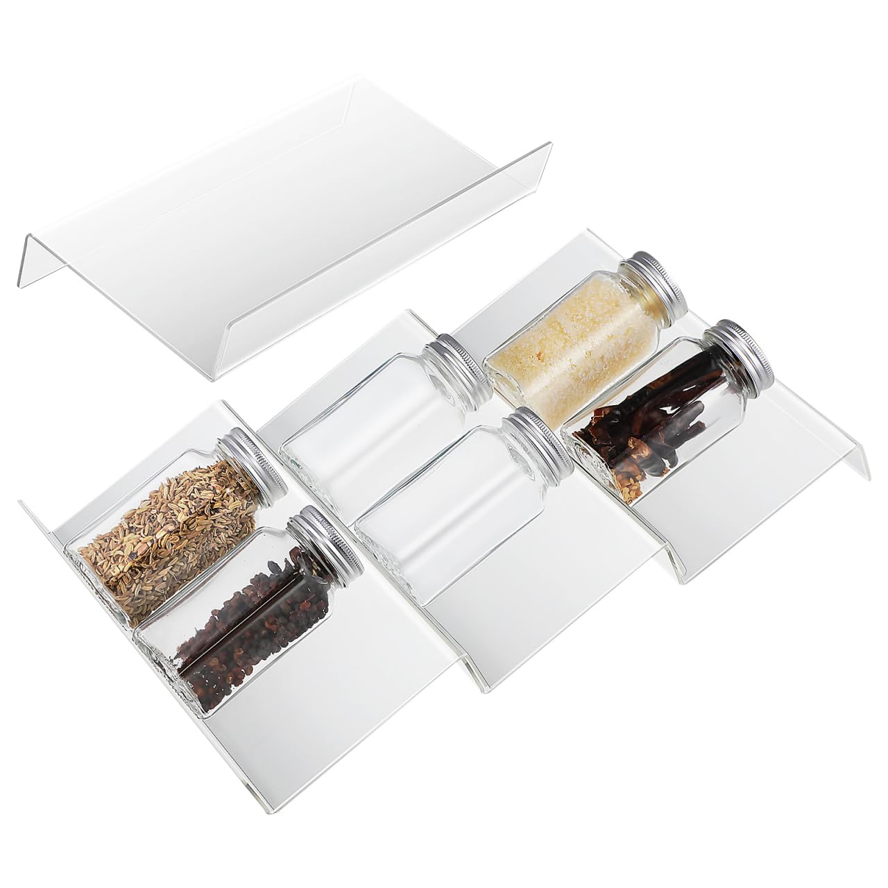Cabilock 4 Pack Expandable Spice Drawer Organizer, Clear Acrylic Seasoning Rack for Kitchen Cabinet, 4-tier Tiered Tray Insert, Adjustable Wide Storage for Jars, Condiments & Nail Polish