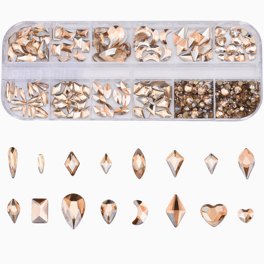 153pcs 3D Nail Diamonds Crystal Golden Shadow Flat Back Gem Stones for Nail Art Decoration + 960pcs Mix Loose Round Rhinestones Set Supply