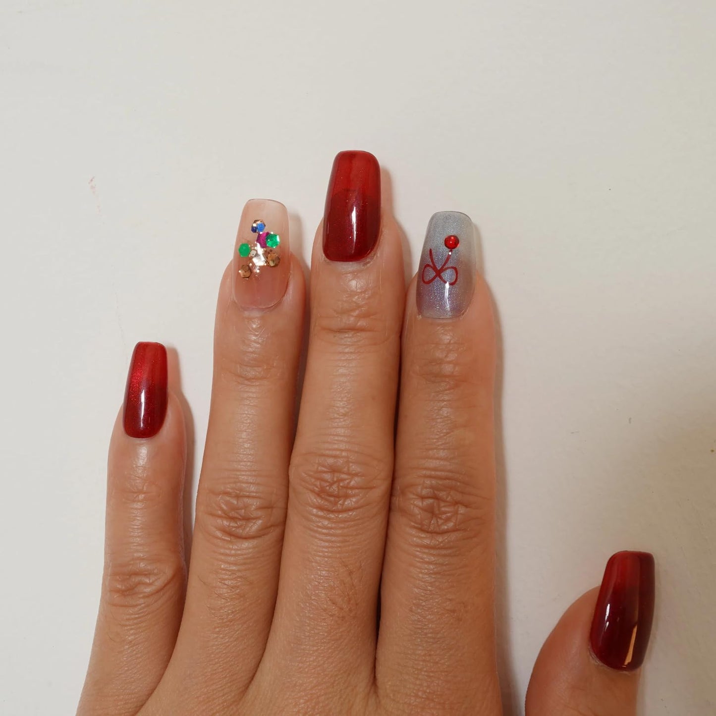 Tesytto Handmade Red Cat Eye Press on Nails Short Coffin - Luxury Coquette Bow Design, Blue Glitter & Red Ombre Fake Nails, Salon Quality Reusable Nails (Holiday Wishes,S)