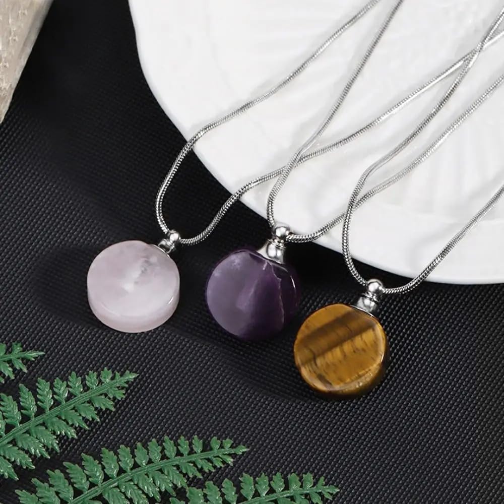 925 Sterling Silver Essential Oil Necklace For Women And Men, 14K Gold Filled Natural Stone Round Perfume Bottle Necklace, Essentials Oil Diffuser Vial Necklace (4 - Essential Oil Necklace)