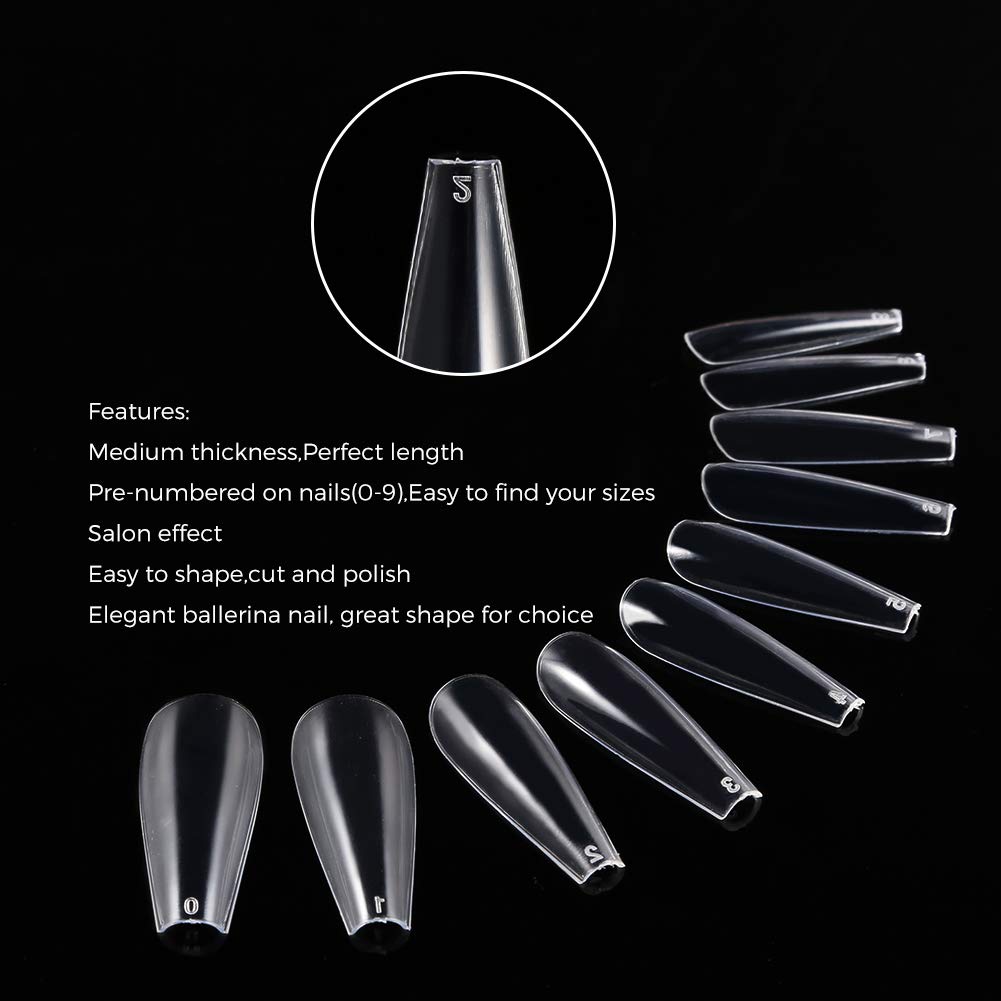 600Pcs Long Coffin Fake Nails Clear Full Cover Acrylic False Nail The Non-Trace Ballerina Nail Tips 10 Sizes With Bags For Nail Salons And DIY Nail Art at Home
