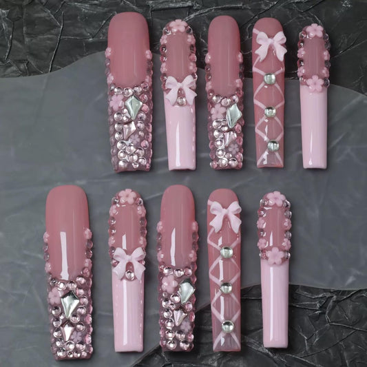 Haozerart Handmade XXL Extra Long Square Press On Nails, Pink French Tip with Bow & Luxury Rhinestones, Salon Fake Nail Kit 10Pcs M Size for Women