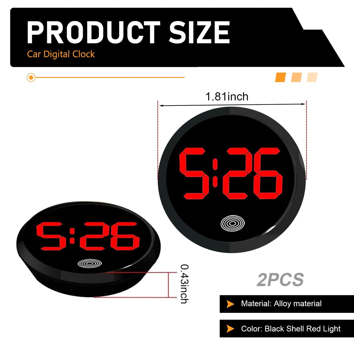 Zehiony Car Digital Clock, Touch Night Light LED Display Screen Clock, Round Shock-Resistant Alloy Dashboard Watch with 12H System, Self-Adhesive Mini Watch for Car & Home & Office (Red)