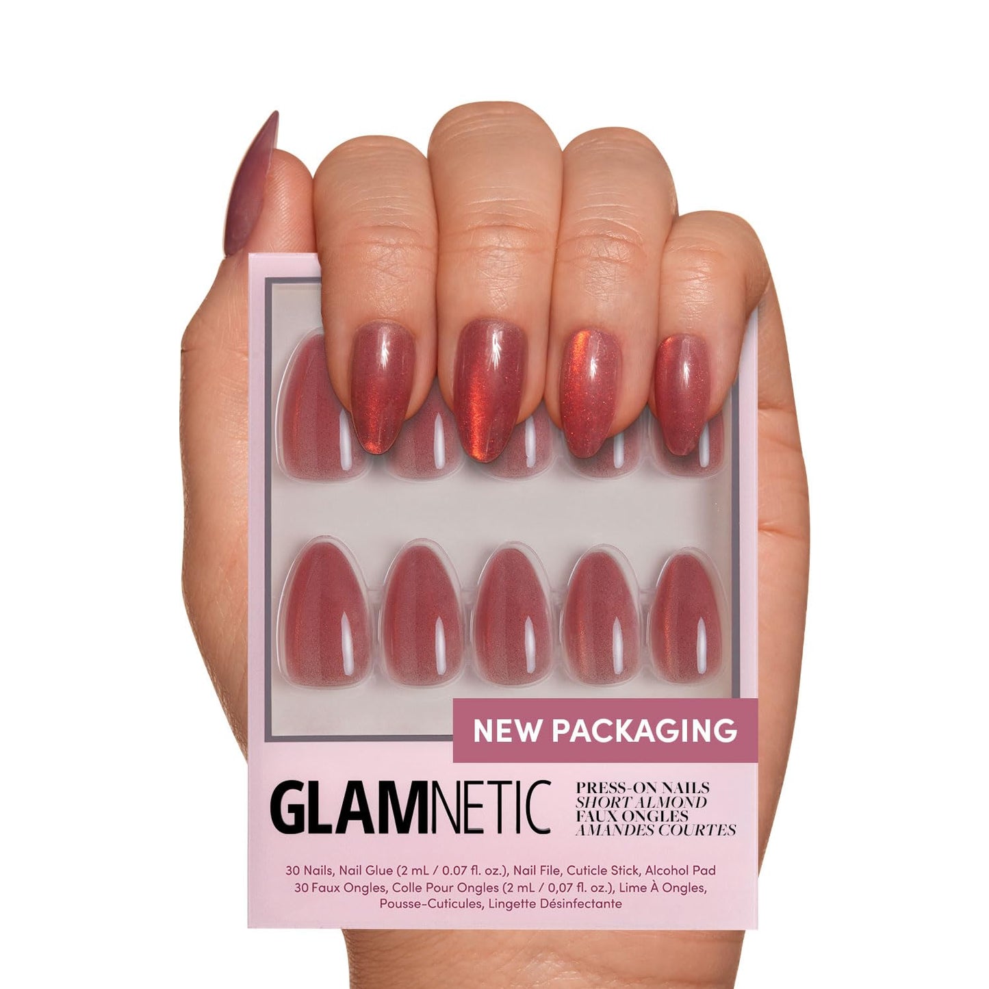 Glamnetic Press-On Nails Bundle - Rosé & Honey Bun | Short Almond Rosy-Pink Nails with a Mesmerizing Metallic Finish | Neutral Nude Velvet Sparkly Short Almond Fake Nails | Reusable Nail Kits