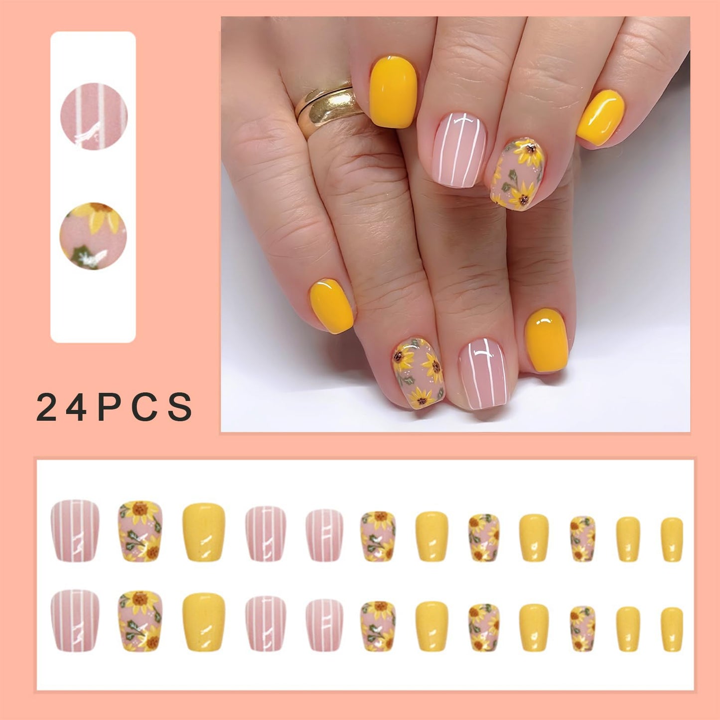 Yellow press-on nails short square false nails spring and summer sunflower yellow light white line full coverage glossy acrylic false nails ladies girls DIY nail art decoration