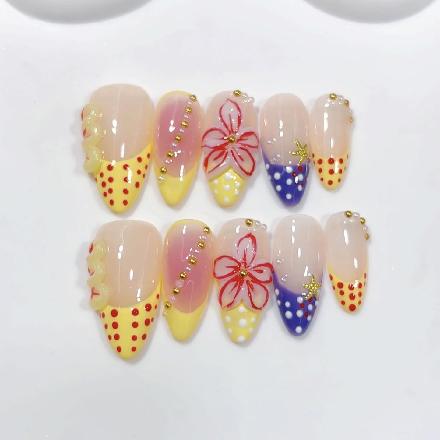 Almond French Handmade Nails with Flower Polka Dot Design Nude Medium Press on Nails Full Cover Detachable Artificial Acrylic Fake Nail for Women Girls Manicure DIY 10 Pcs （S）