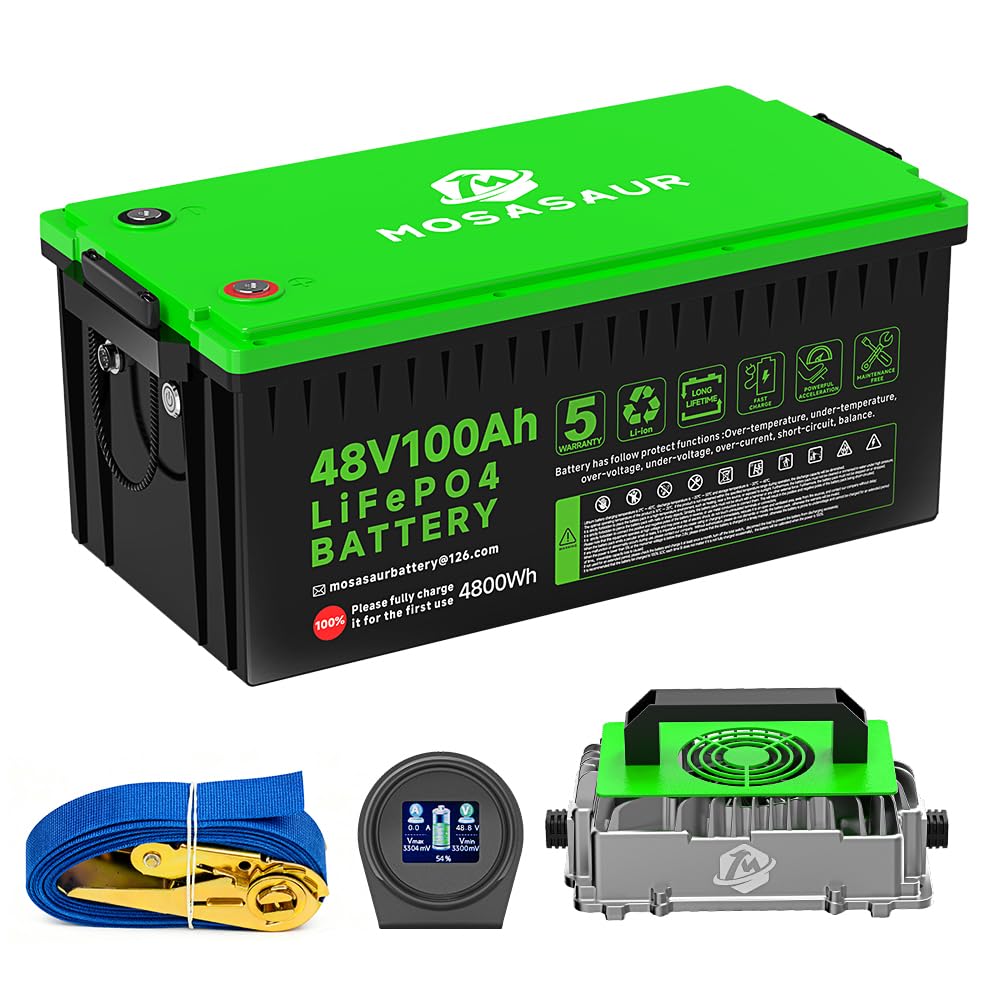 Mosasaur 48V 100Ah LiFePO4 Golf Cart Battery, 10.24kW Peak Power & 4000+ Cycles, Built-in 200A BMS | with 48V 20A Lithium Battery Charger, LCD Screen & APP Monitoring | for Golf Carts, RV, Marine