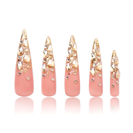LOVFUL Reusable Press on Nails | Stardust Gold Rhinestone | Salon Quality Sustainable Style Handmade with Full Covered Crystals | Stiletto Long 2.2 in | H84-S