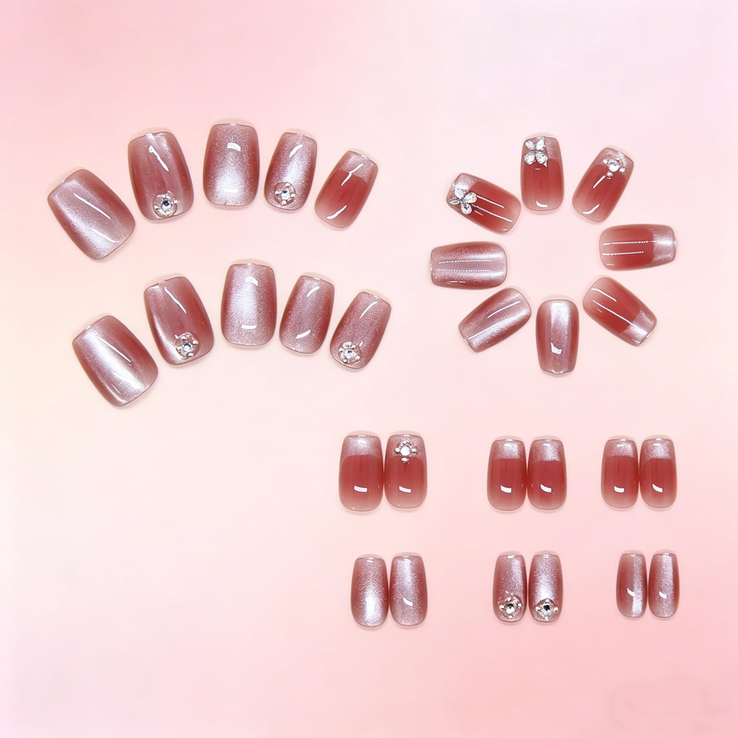HZJXRT Press on Nails Short Square Sparkly White French Tips Fake Nails with Rhinestones Design, Glossy Pink Full Cover Glue On False Nail Flower Stick on Artificial Fingernails for Women Gift