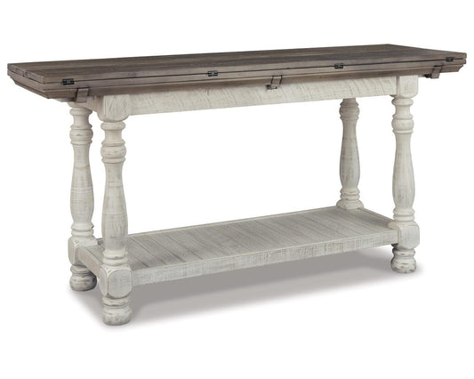 Signature Design by Ashley Havalance Farmhouse Sofa Table, Flip Top Design for Additional Dining Space and Fixed Lower Shelf, Gray & White with Weathered Finish