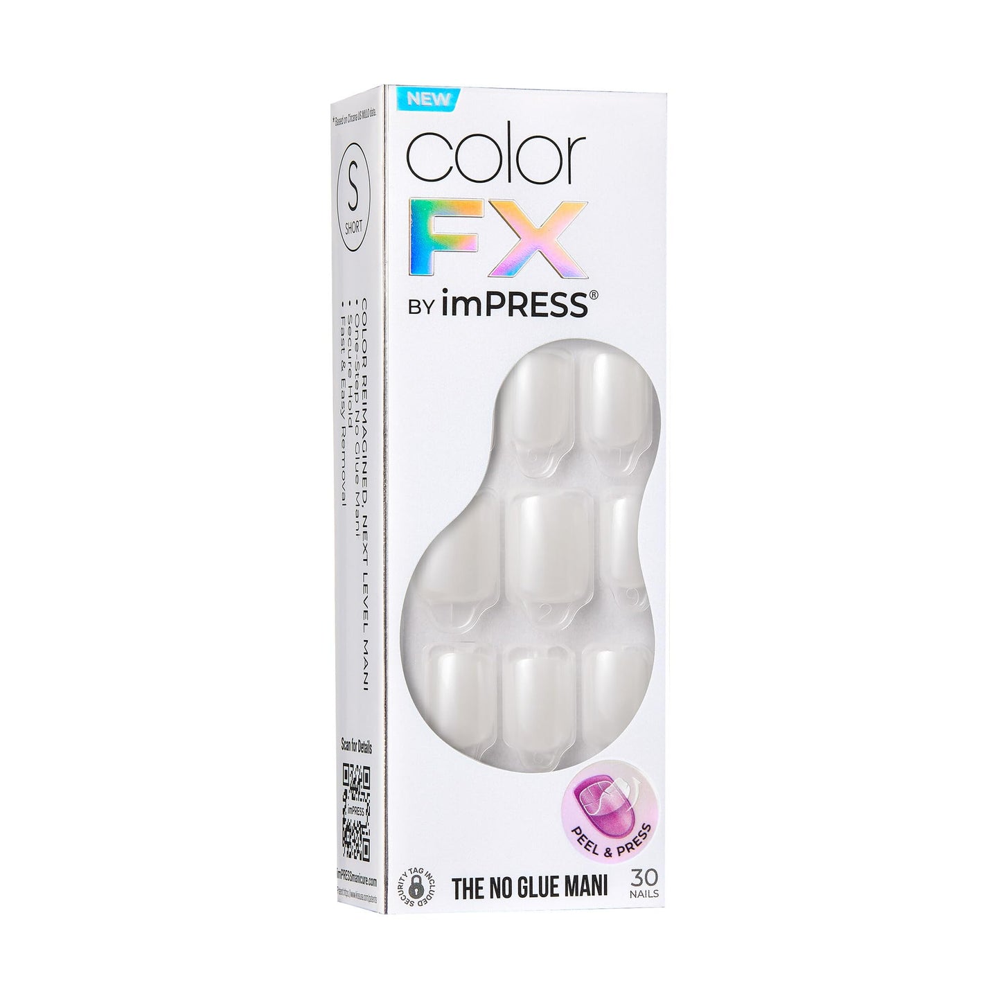 KISS Impress No Glue Mani Press-On Nails, Color FX, White Shimmer, Short Size, Squoval Shape, Includes 30 Nails, Prep Pad, Instructions Sheet, 1 Manicure Stick, 1 Mini File