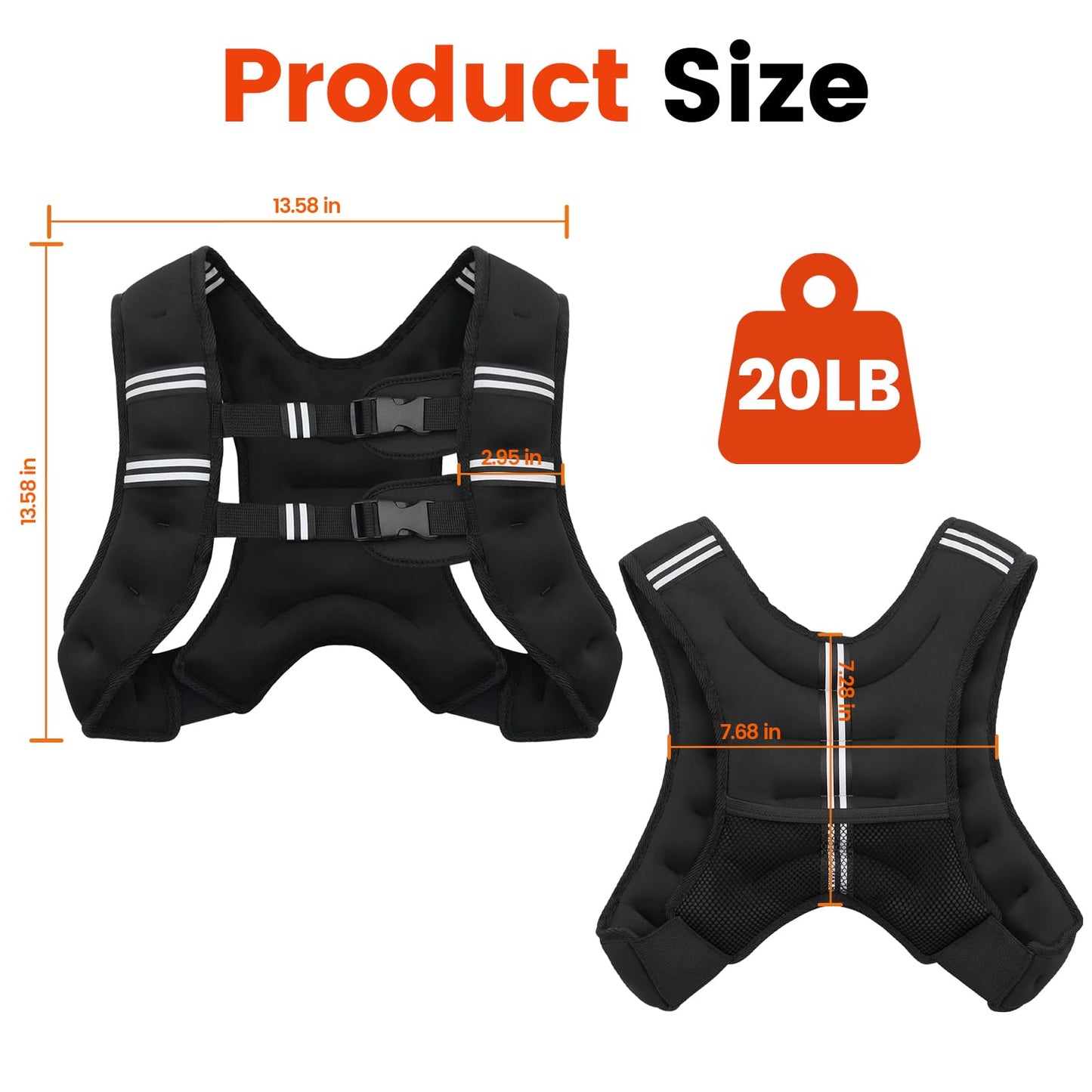 Poudee Weighted Vest, 20LB Weight Vest for Men Women, Body Weight Vests Adjustable with Reflective Stripe for Strength Training, Running, Training Workout, Jogging, Walking - 20LB