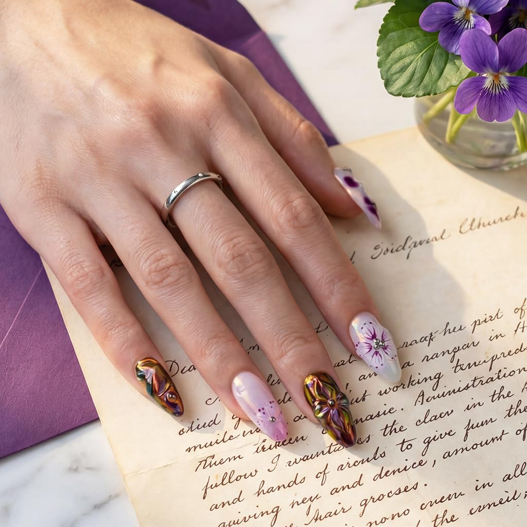 IntoVibes 10 Pieces Handmade Press On Nails Medium Almond, Purple Thickened False Nails With Floral Decoration, Reusable Fake Nails Almond, Reusable Acrylic Nails (M)