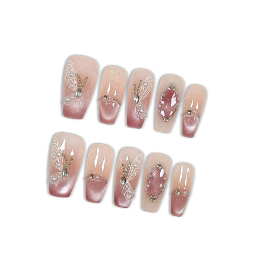 Hantyer Press on Nails Medium Coffin False Nails with Butterfly Design, White Rhinestones & Pearls, Pink Gradient Glossy Cat Eye, Handmade Tips with Tool Kit Salon Nails Sweet Style for Women(Size XS)