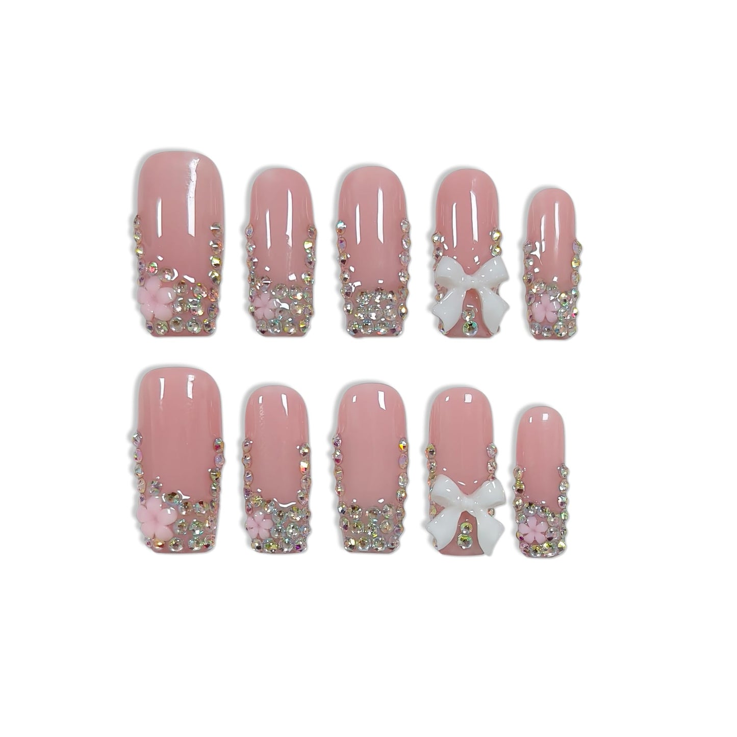 TENPAL Handmade French Tip Press on Nails Medium Coffin 3D Bow Rhinestone Glitter Pink Cute Sweet Girly Reusable Daily Wear Salon Acrylic False Nails 10PCS(M)