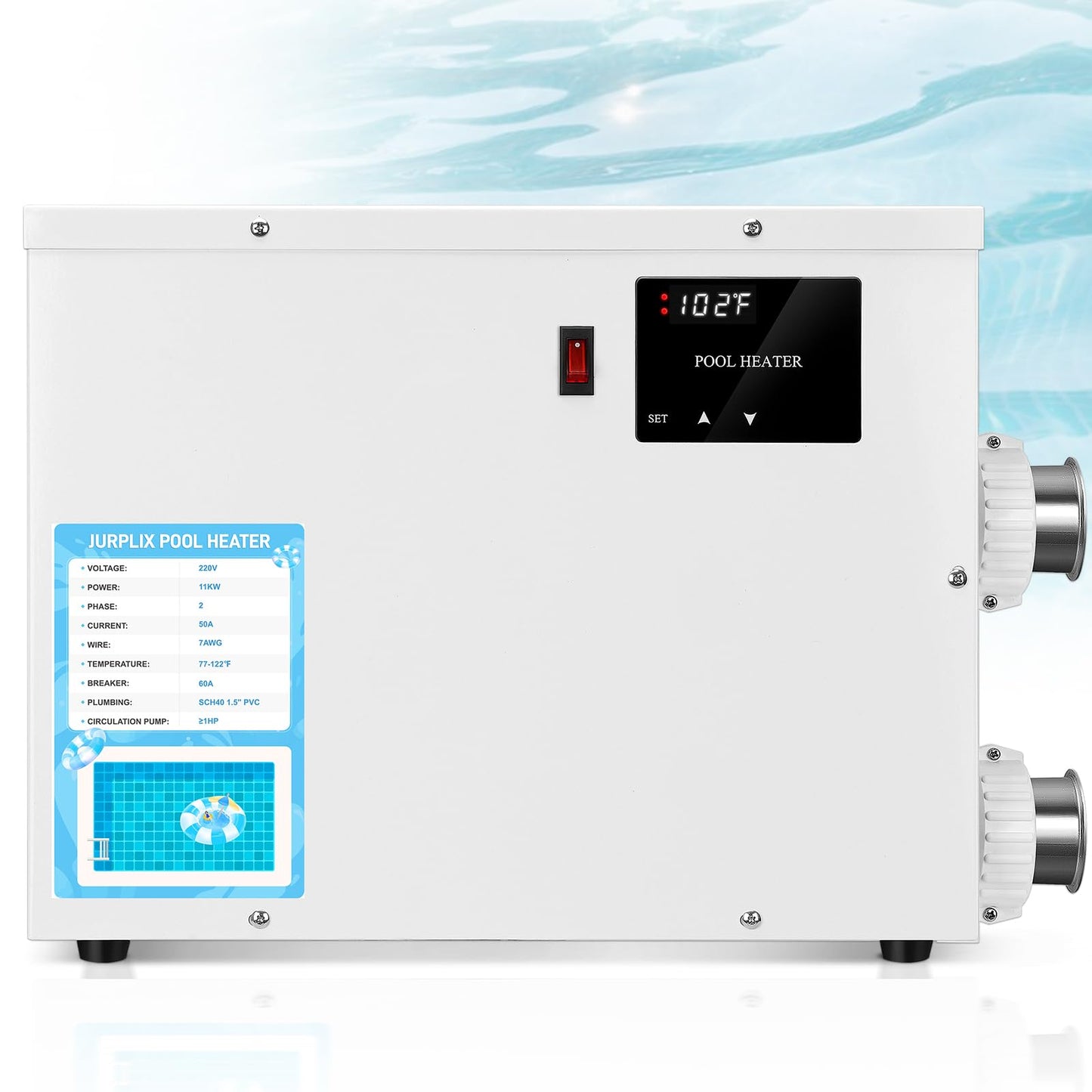 JURPLIX 11KW 220V 50A Electric Pool Heater for Swimming Pool, Hot Tub & Spa Heater with Digital Touch Screen Thermostat, Efficient Water Warmer, Above Inground Pool & Ground Pool