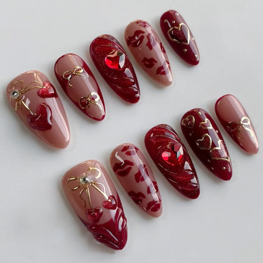 Mkwntg 30pcs Red Heart Press-On Nails with 3D Cherry Heart Rhinestones, Gold Bow Design, Full Cover, Easy Application, Valentines Nails