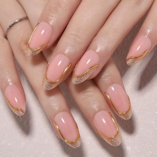 evpct French Tip Press On Nails Short Almond, Nude Pink + Gold Line & Gold Glitter Tips, Short Almond Fake False Press on Nails, Reusable Gel Stick on nail Press ons with Nail Kit, Salon Quality