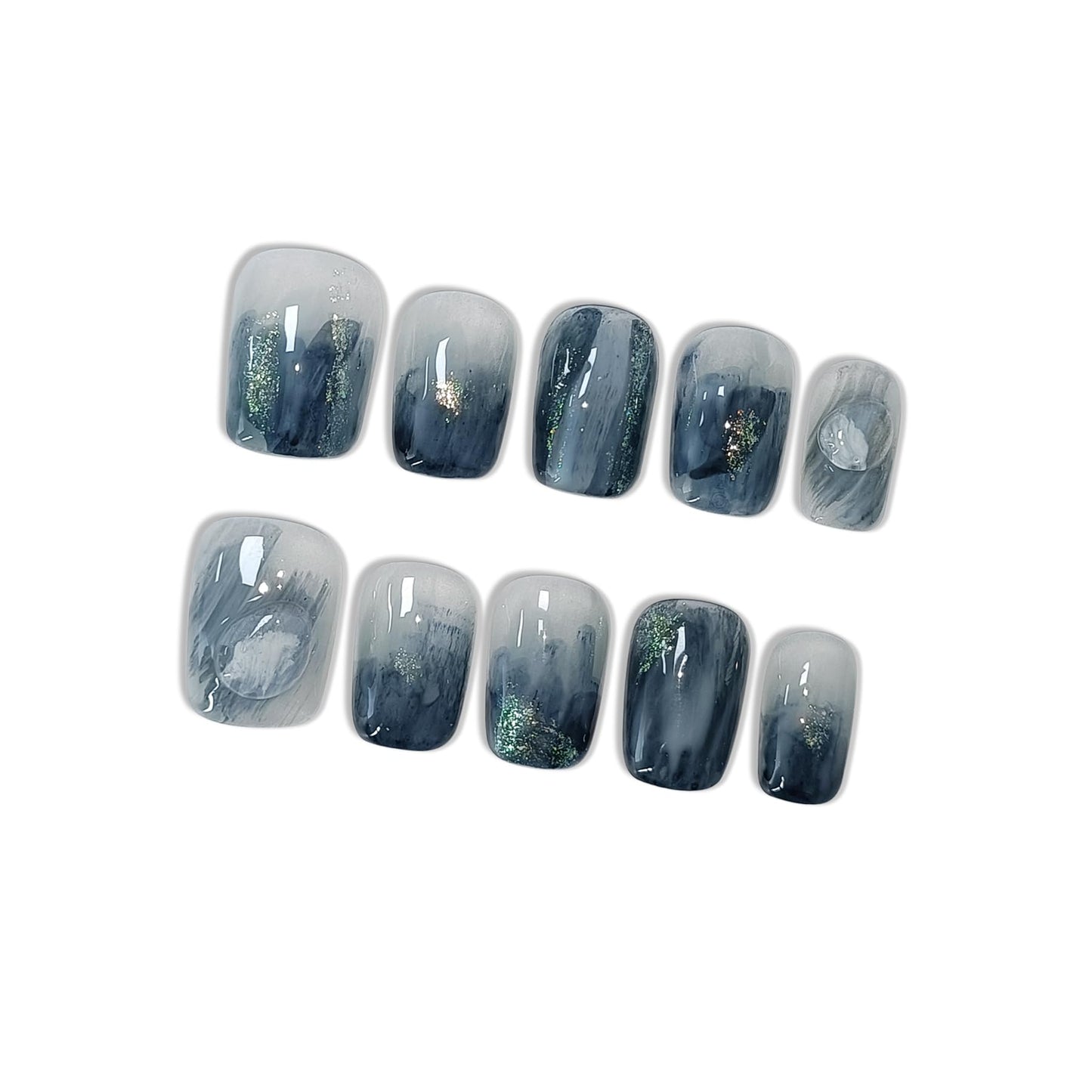 Hantyer Blue Ocean Wave Marbled Press on Nails with 3D Handmade Water Droplets & Gold Glitter, Short Square Glossy Soft Glam Fake Nails, Elegant False Nails for Women Fall Winter Party, Size L